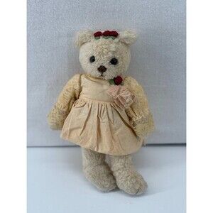Christmas‎ Corner Vintage White Bear 10" Lace Beige Dress with Roses